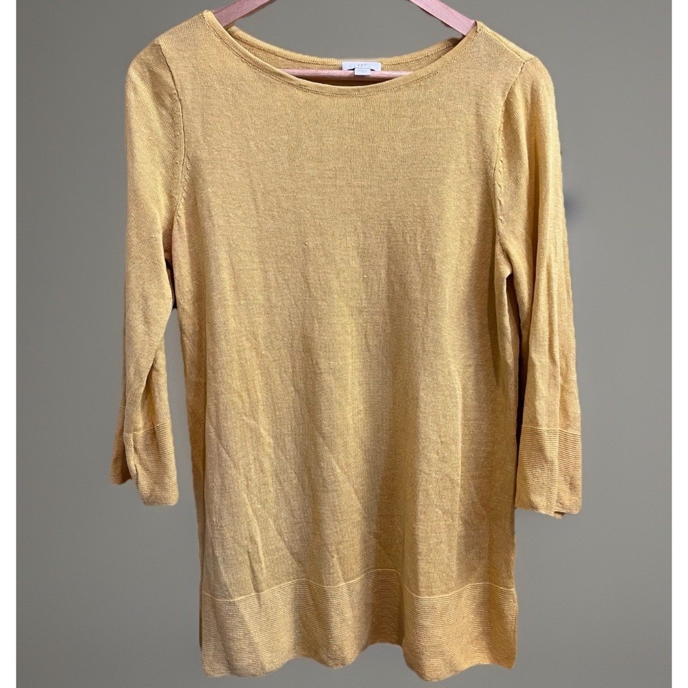 J. Jill Linen Blend Boatneck Knit Sweater Lightweight Gold Sz Small 3/4 Sleeve